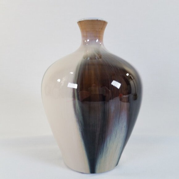 Chinese Transmutation Porcelain Vase 7″ Blue Beige Brown Flambé Style Drip Glaze - Picture 2 of 13